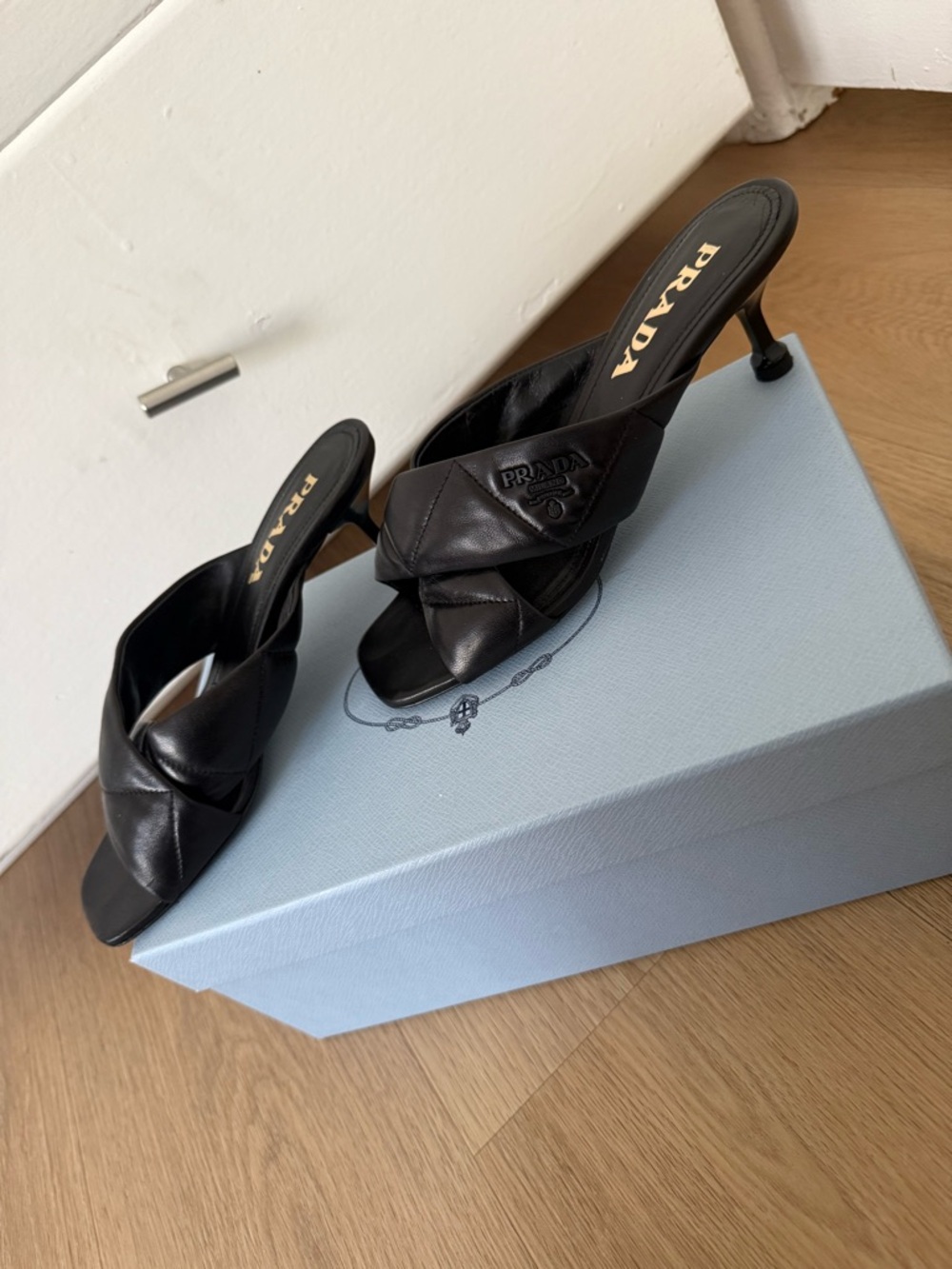 Prada 60mm crossover strap sandals - Black Quilted Leather Mule Heels - Picture 4 of 5